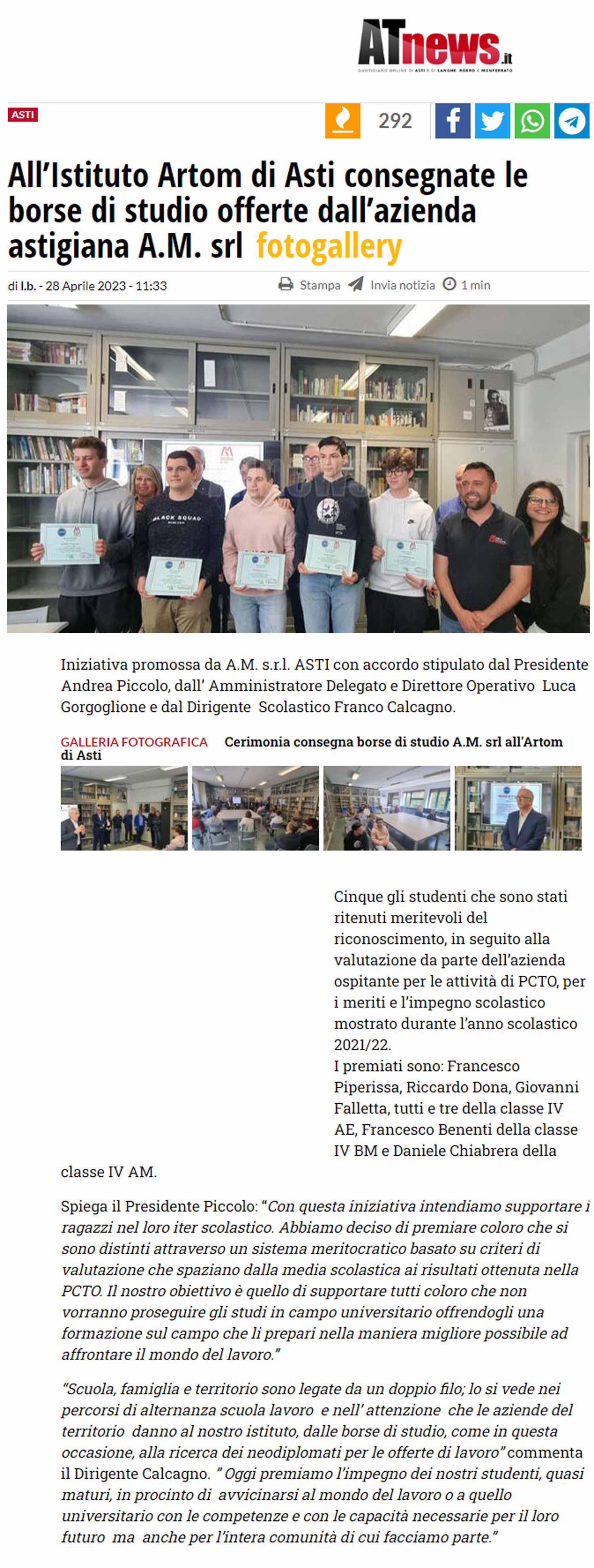 Consegnate le borse di studio Artom